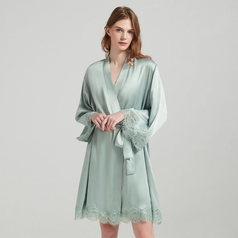 Pure Silk Elegant Lace Nightgown&Robe Set 2Pcs | 100% Mulberry Silk Sleepwear