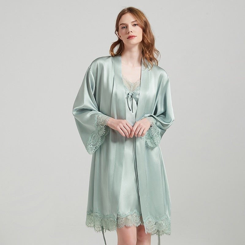 Pure Silk Elegant Lace Nightgown&Robe Set 2Pcs | 100% Mulberry Silk Sleepwear