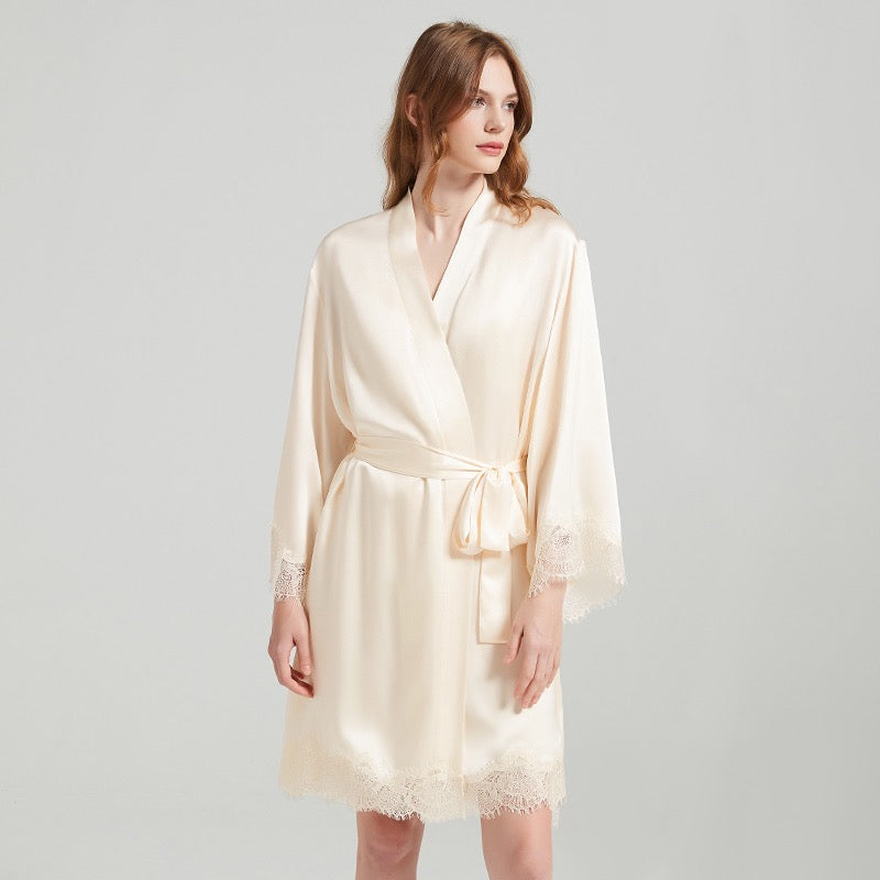 Pure Silk Elegant Lace Nightgown&Robe Set 2Pcs | 100% Mulberry Silk Sleepwear