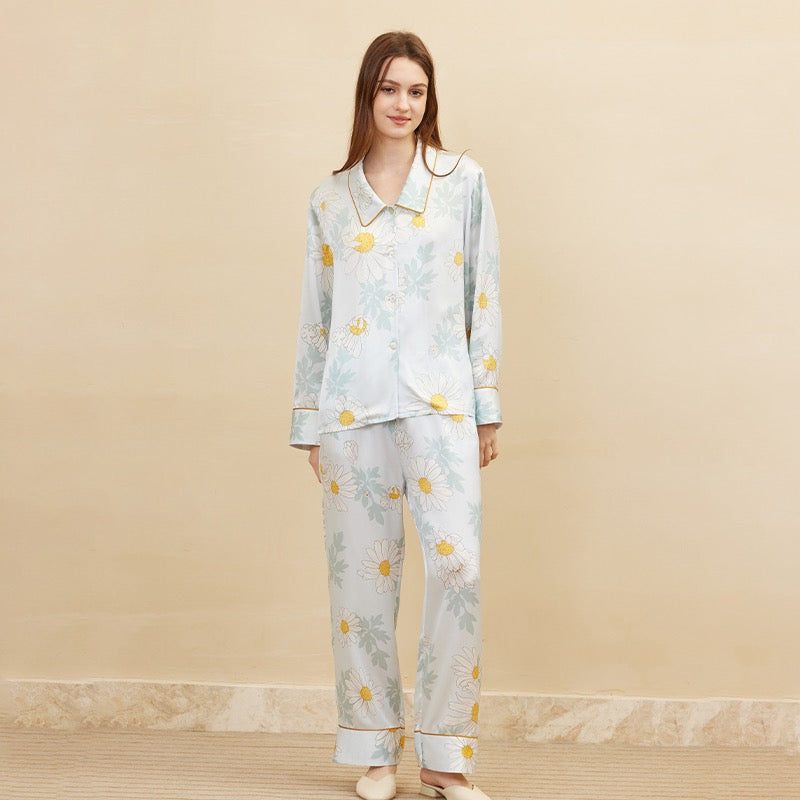 Pure Silk Daisy print long sleeve and Pants Set | | 100% Mulberry Silk Sleepwear