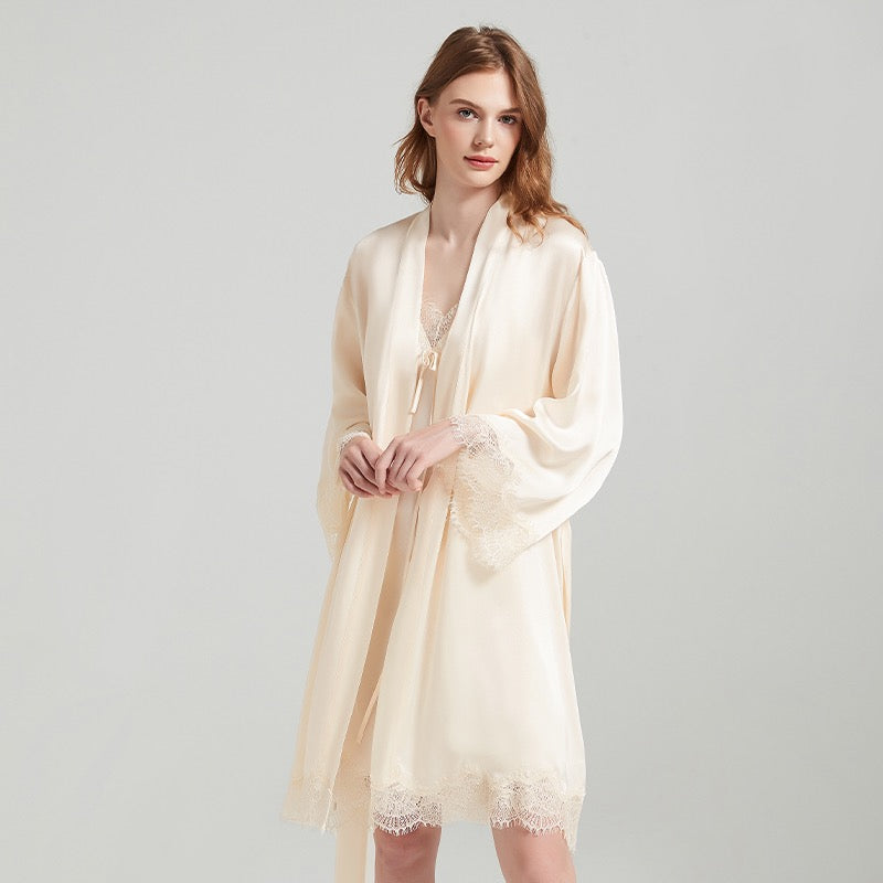 Pure Silk Elegant Lace Nightgown&Robe Set 2Pcs | 100% Mulberry Silk Sleepwear