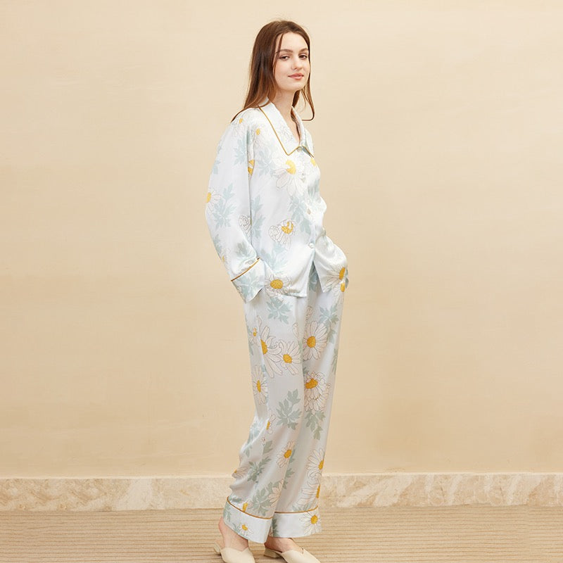Pure Silk Daisy print long sleeve and Pants Set | | 100% Mulberry Silk Sleepwear