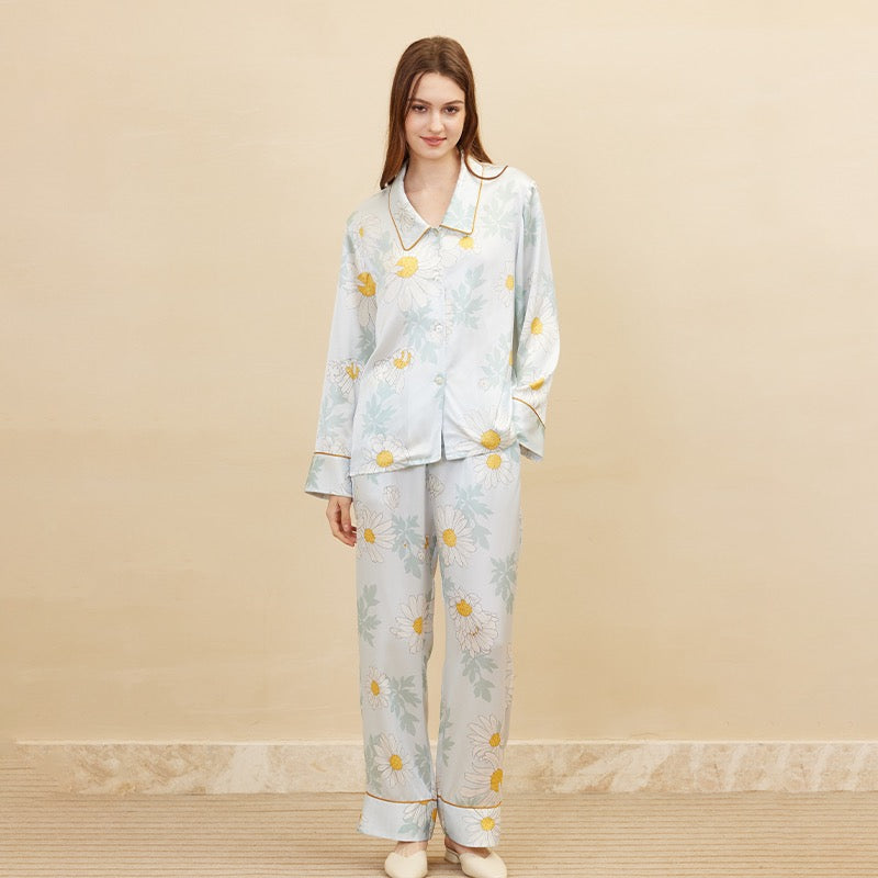 Pure Silk Daisy print long sleeve and Pants Set | | 100% Mulberry Silk Sleepwear
