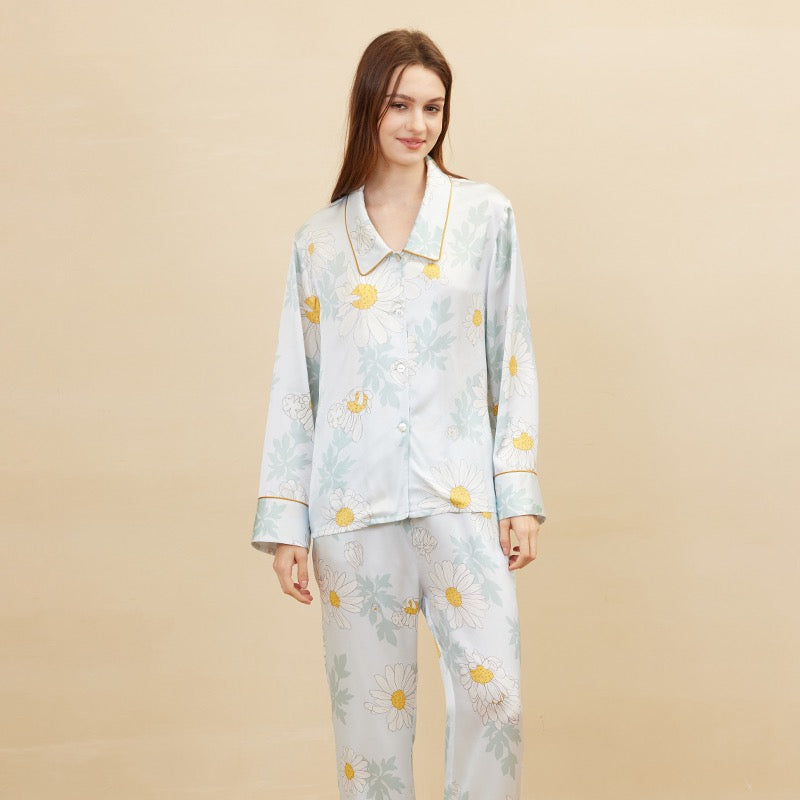 Pure Silk Daisy print long sleeve and Pants Set | | 100% Mulberry Silk Sleepwear