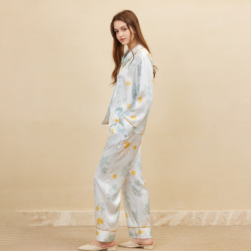 Pure Silk Daisy print long sleeve and Pants Set | | 100% Mulberry Silk Sleepwear