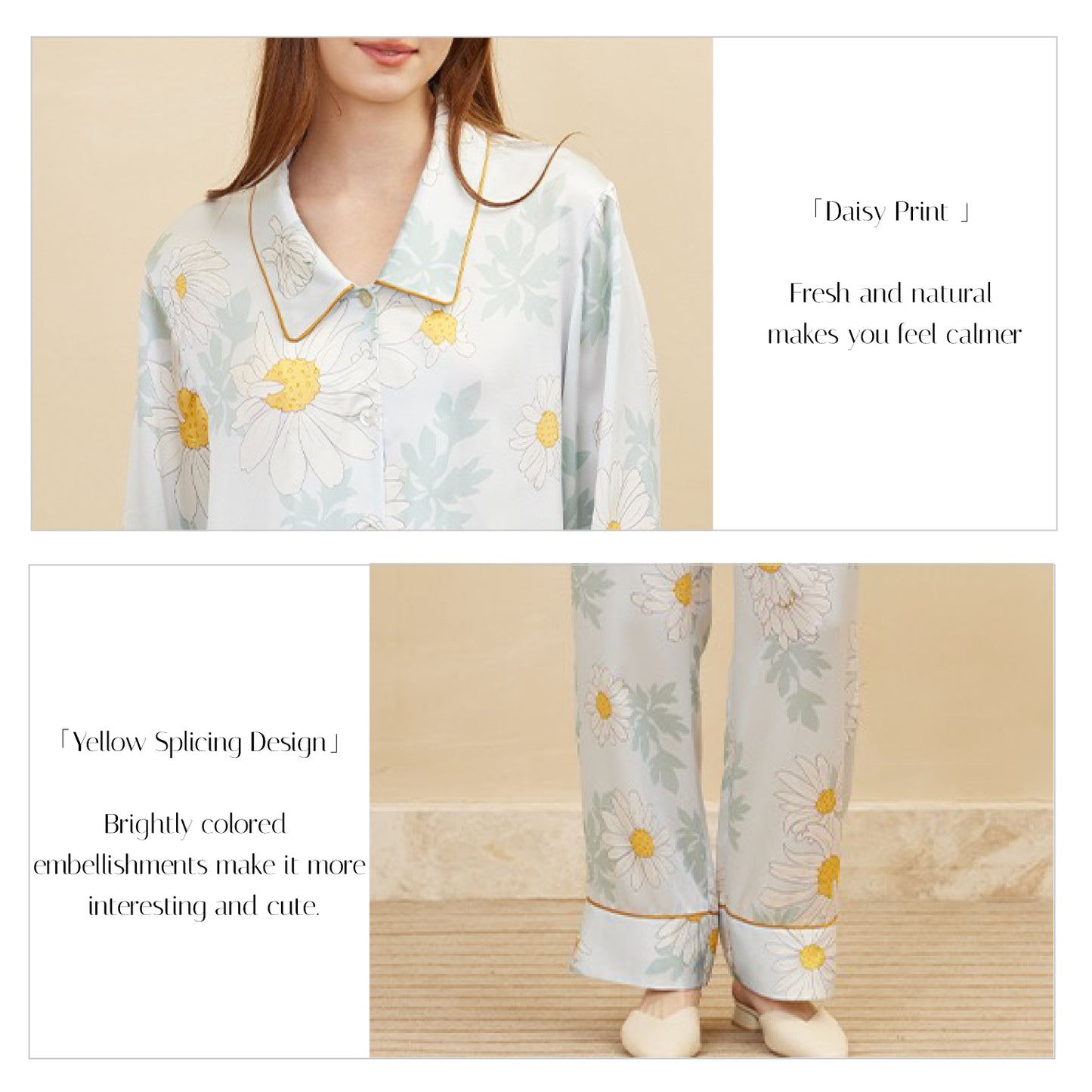 Pure Silk Daisy print long sleeve and Pants Set | | 100% Mulberry Silk Sleepwear