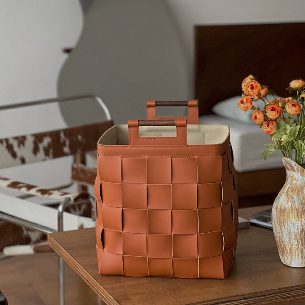 Wide Weave Leather Laundry Basket with Handles |Stylish Laundry Hamper