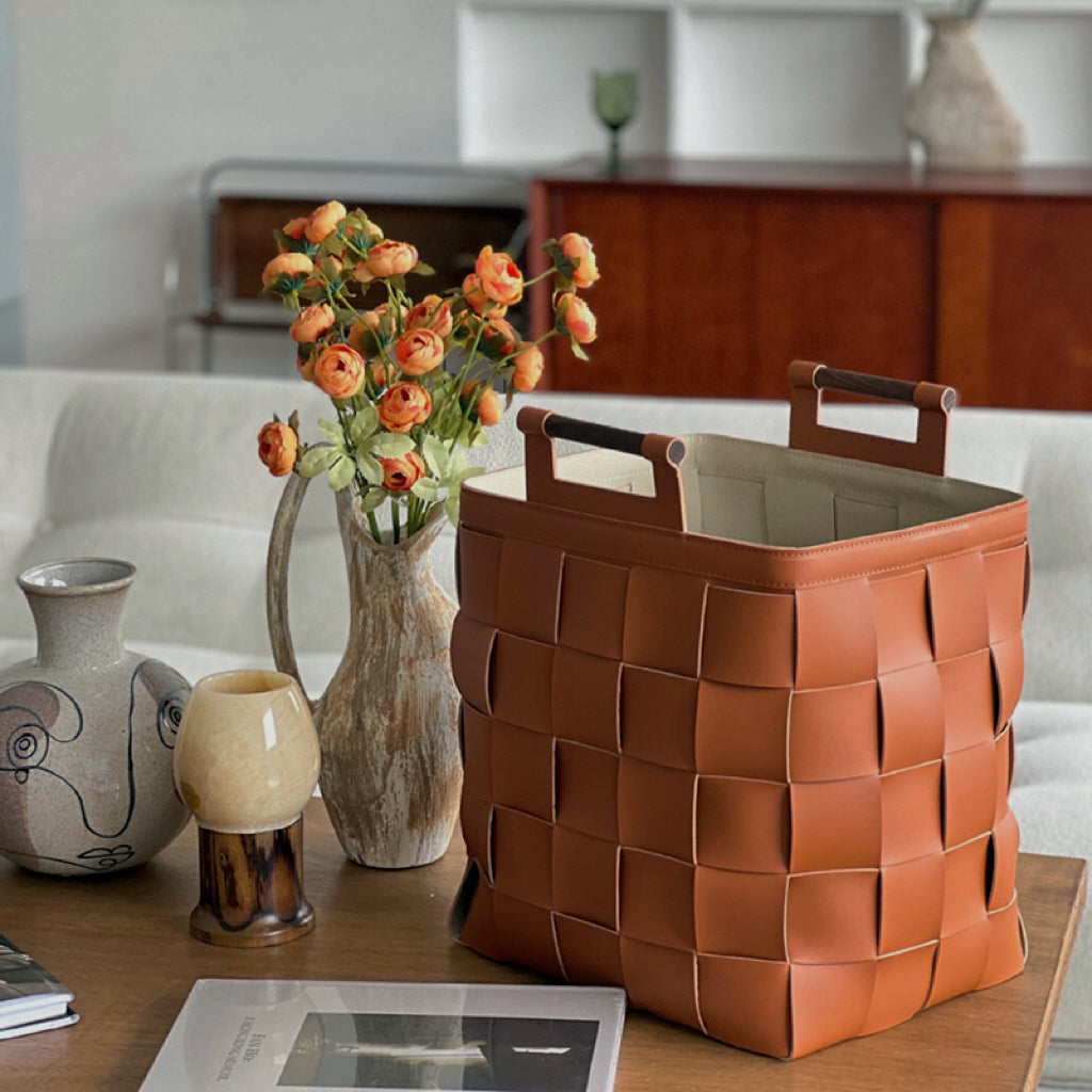 Wide Weave Leather Laundry Basket with Handles |Stylish Laundry Hamper