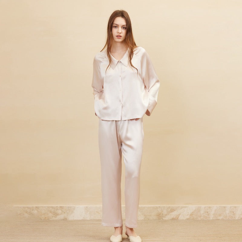 Soft Pink Raglan long sleeve and Pants Set | 100% Mulberry Silk Sleepwear