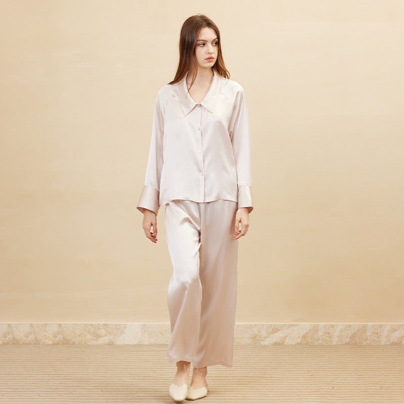 Soft Pink Raglan long sleeve and Pants Set | 100% Mulberry Silk Sleepwear