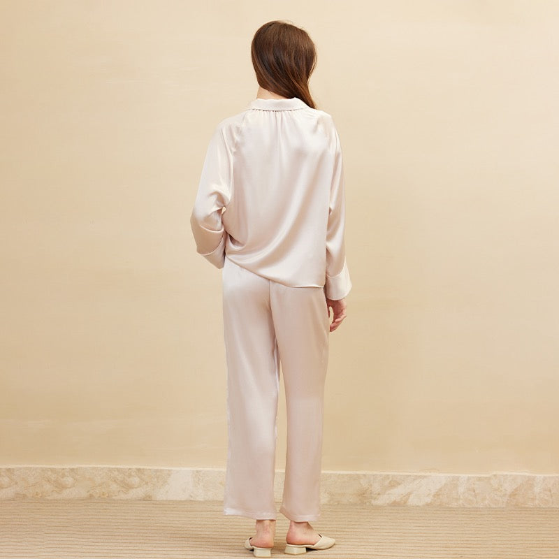 Soft Pink Raglan long sleeve and Pants Set | 100% Mulberry Silk Sleepwear
