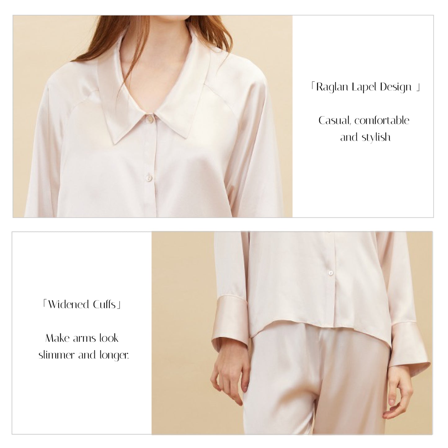 Soft Pink Raglan long sleeve and Pants Set | 100% Mulberry Silk Sleepwear