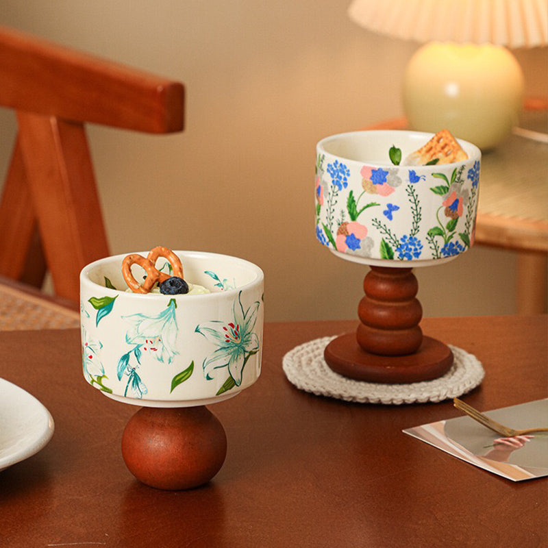 Elegant Ceramic Ice Cream Cup with Wooden Base