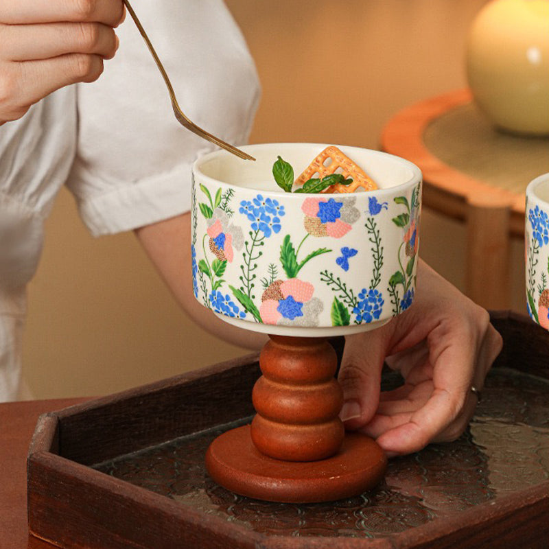 Elegant Ceramic Ice Cream Cup with Wooden Base
