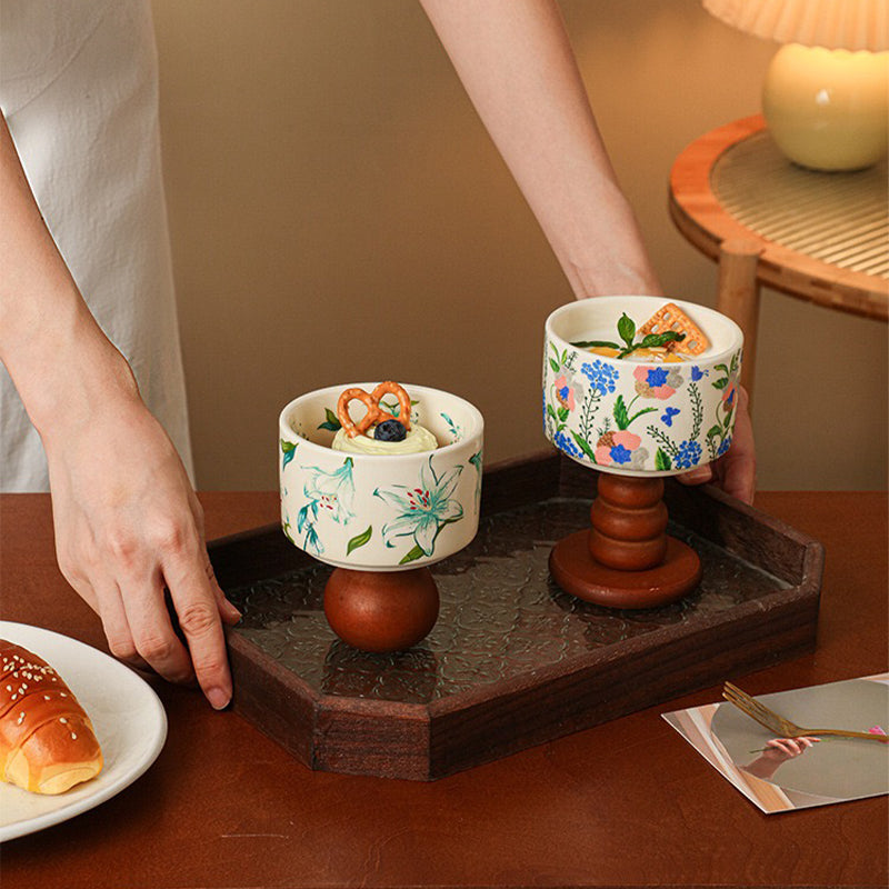 Elegant Ceramic Ice Cream Cup with Wooden Base