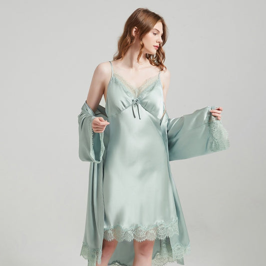 Pure Silk Elegant Lace Nightgown&Robe Set 2Pcs